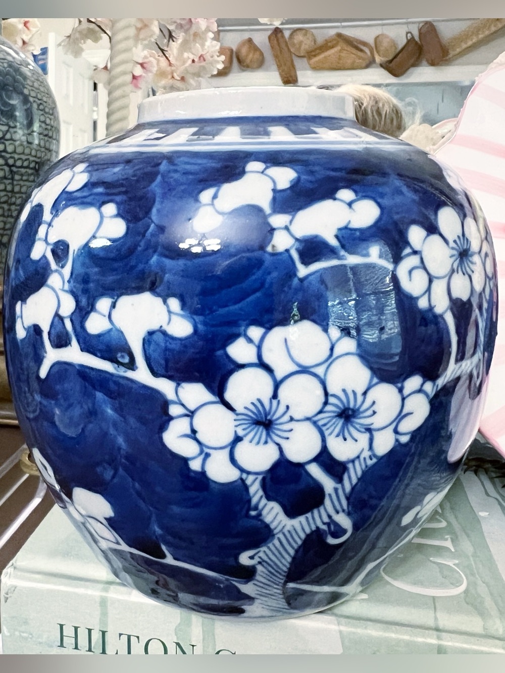 Antique Ginger Jar White & Blue Prunus Blossom Hawthorn Pattern ~ 5 1/2" Qing